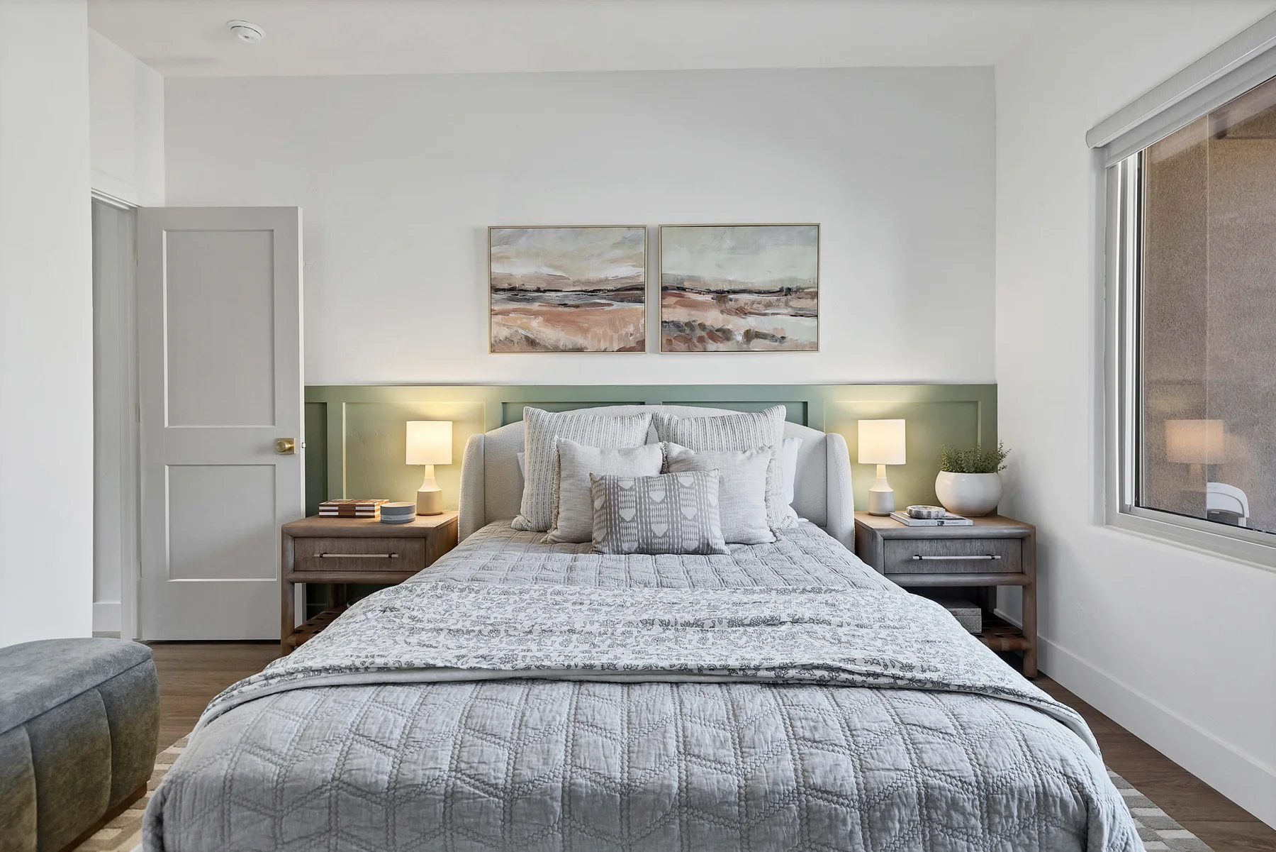 Second guest bedroom with sage paneling